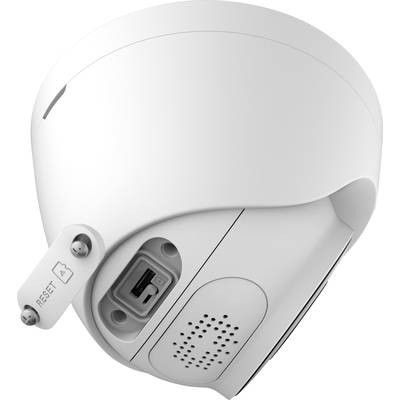 Witte beveiligingscamera met resetknop en aansluiting aan de onderkant. Ideaal voor bewaking.