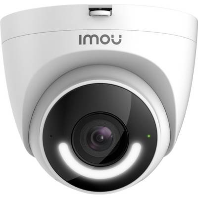 Bewakingscamera in een wit behuizing met een zwart cameralens en LED-verlichting, modelnaam bovenop de camera.