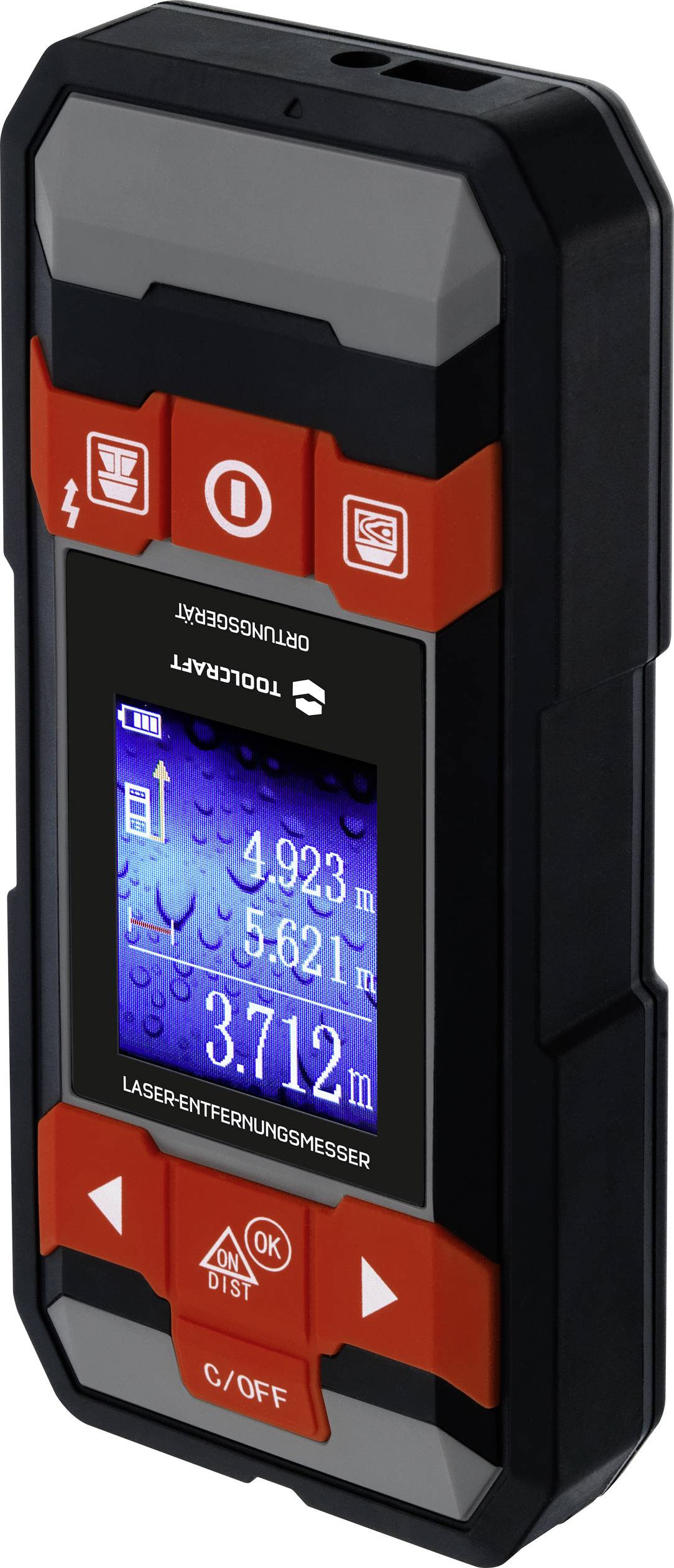 Digitale laser-afstandsmeter in zwart-rood toont afstandswaarden in meters op een verlicht display.