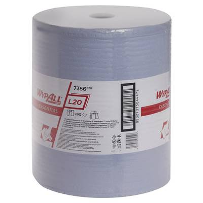 Een rol WypAll Essential L20 doeken, wit met een rood etiket, toont het logo en productinformaties, geschikt voor reiniging.