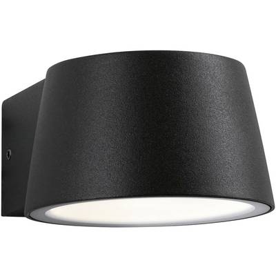 Zwarte wandlamp met een cirkelvormig ontwerp en een witte onderkant, bevestigd aan een muur. Hij schijnt naar beneden.