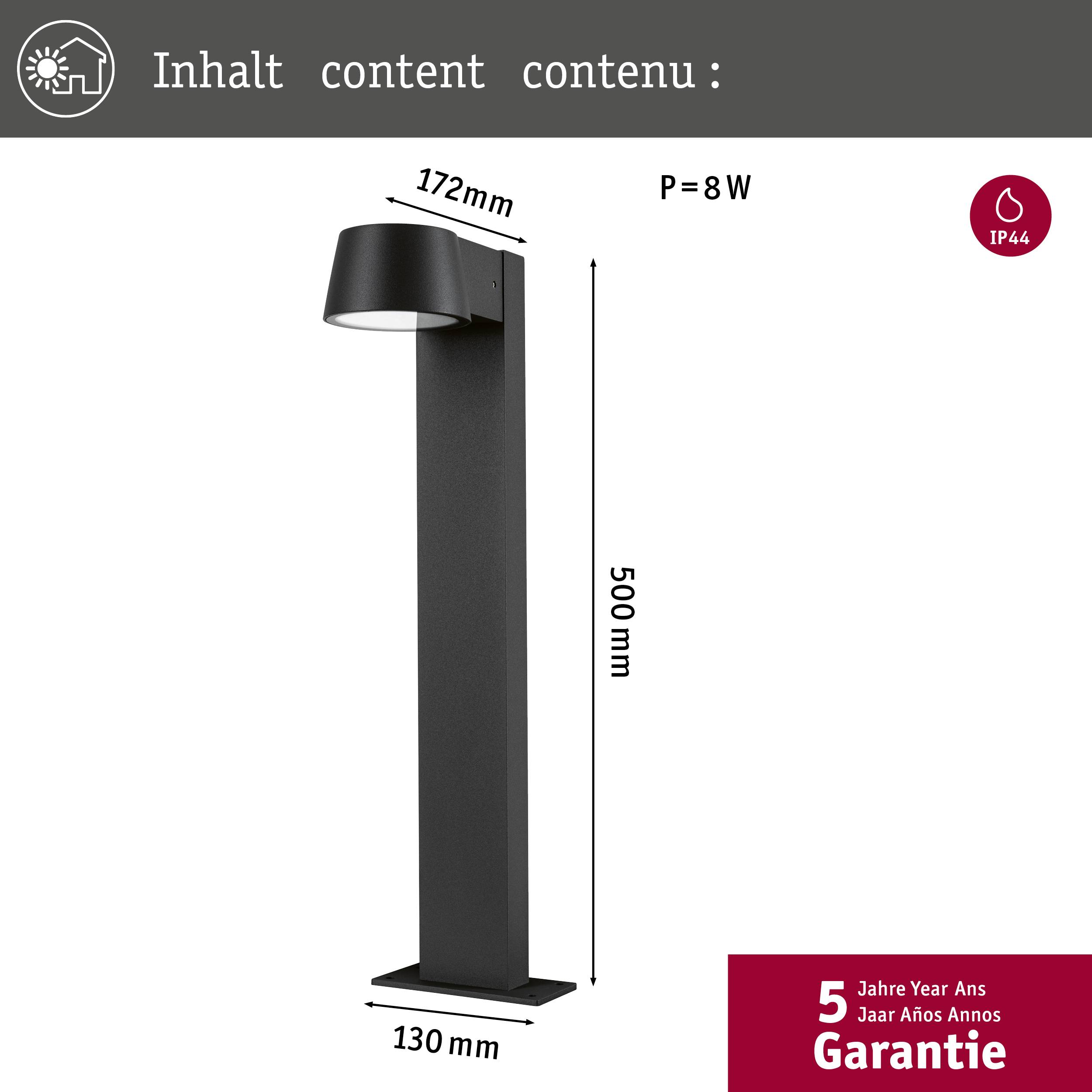 Staande lamp in zwart, 172 mm breed en 500 mm hoog, met 8W vermogen. Beschermingsklasse IP44, 5 jaar garantie.