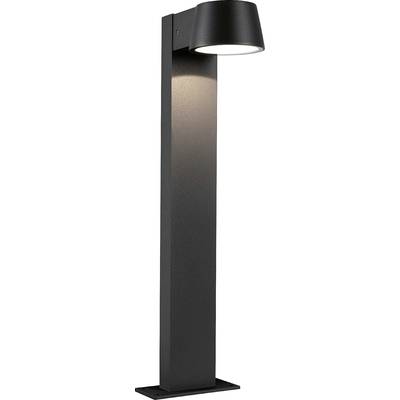 Een moderne, zwarte buitenwandlamp met een ronde lampenkap die naar beneden schijnt. Ideaal voor de verlichting van voetpaden.