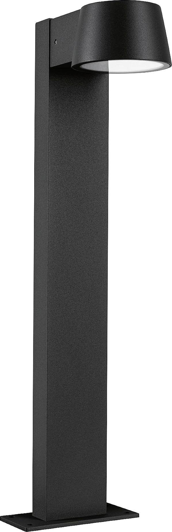 Zwarte, moderne staande lamp met een rond, neerwaarts gericht lampenkap, rechtop staand op een rechthoekige voet. Geschikt voor gebruik buitenshuis.
