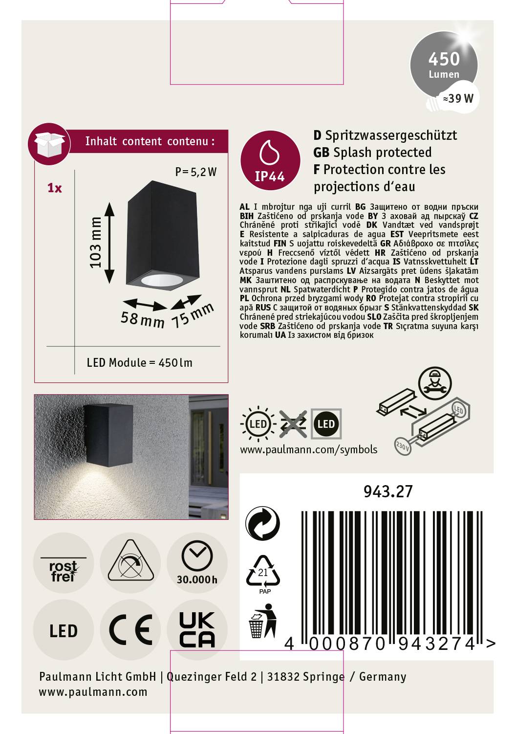 'LED-buitenlamp, spatwaterdicht (IP44), 450 lumen, energiezuinig (5,2 W = 39 W), afmetingen: 103x58x15 mm.'