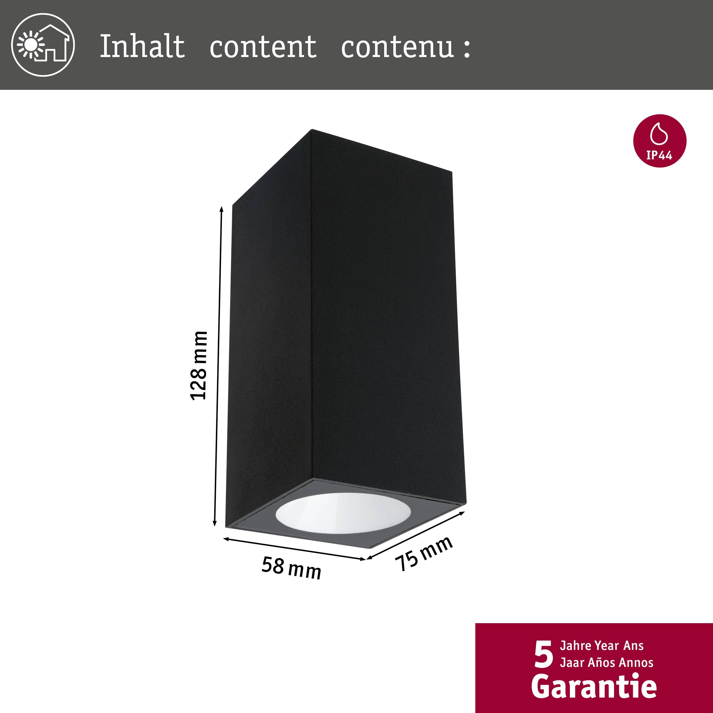 Zwarte buitenlamp met vierkant behuizing, afmetingen: 128 mm hoog, 75 mm diep, 58 mm breed. Markering: '5 jaar garantie'.