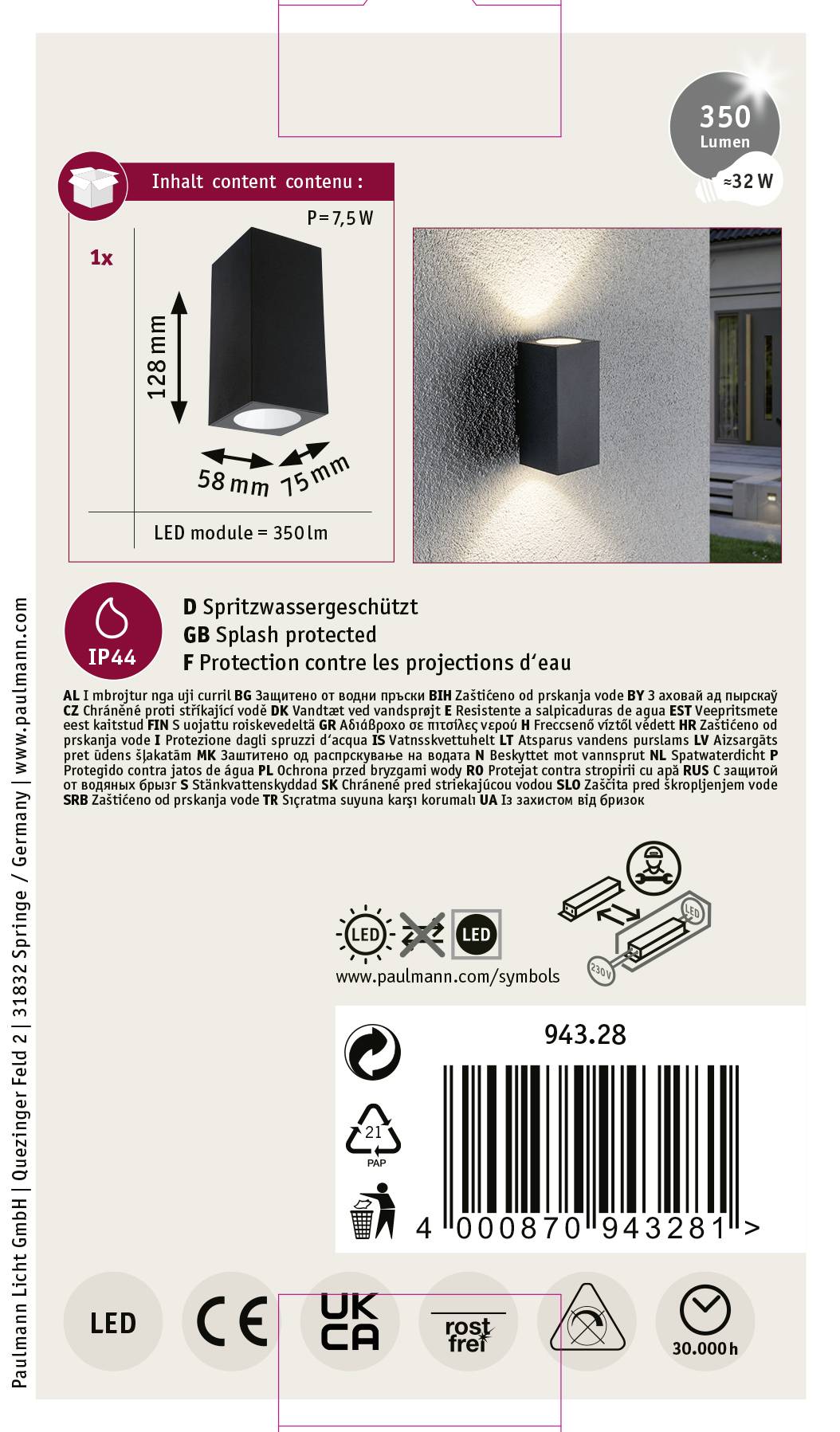 Verpakking van een LED buitenlamp. Eigenschappen: 350 lumen, 7,5 W, spatwaterdicht IP44, afmetingen: 58x123 mm. Energiezuinig.