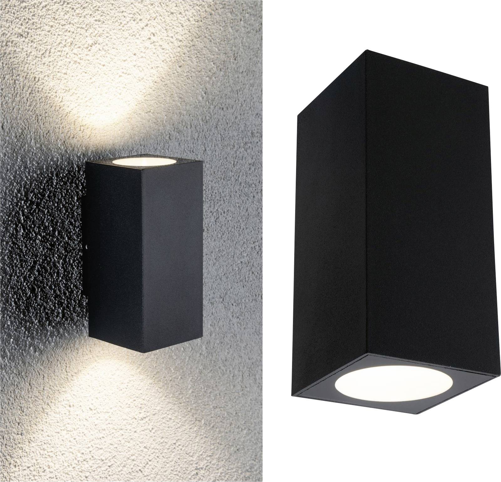 Een zwarte, rechthoekige wandlamp met een lichtpunt dat boven en beneden aan de muur schijnt.