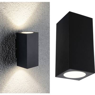 Een zwarte, rechthoekige wandlamp met een lichtpunt dat boven en beneden aan de muur schijnt.