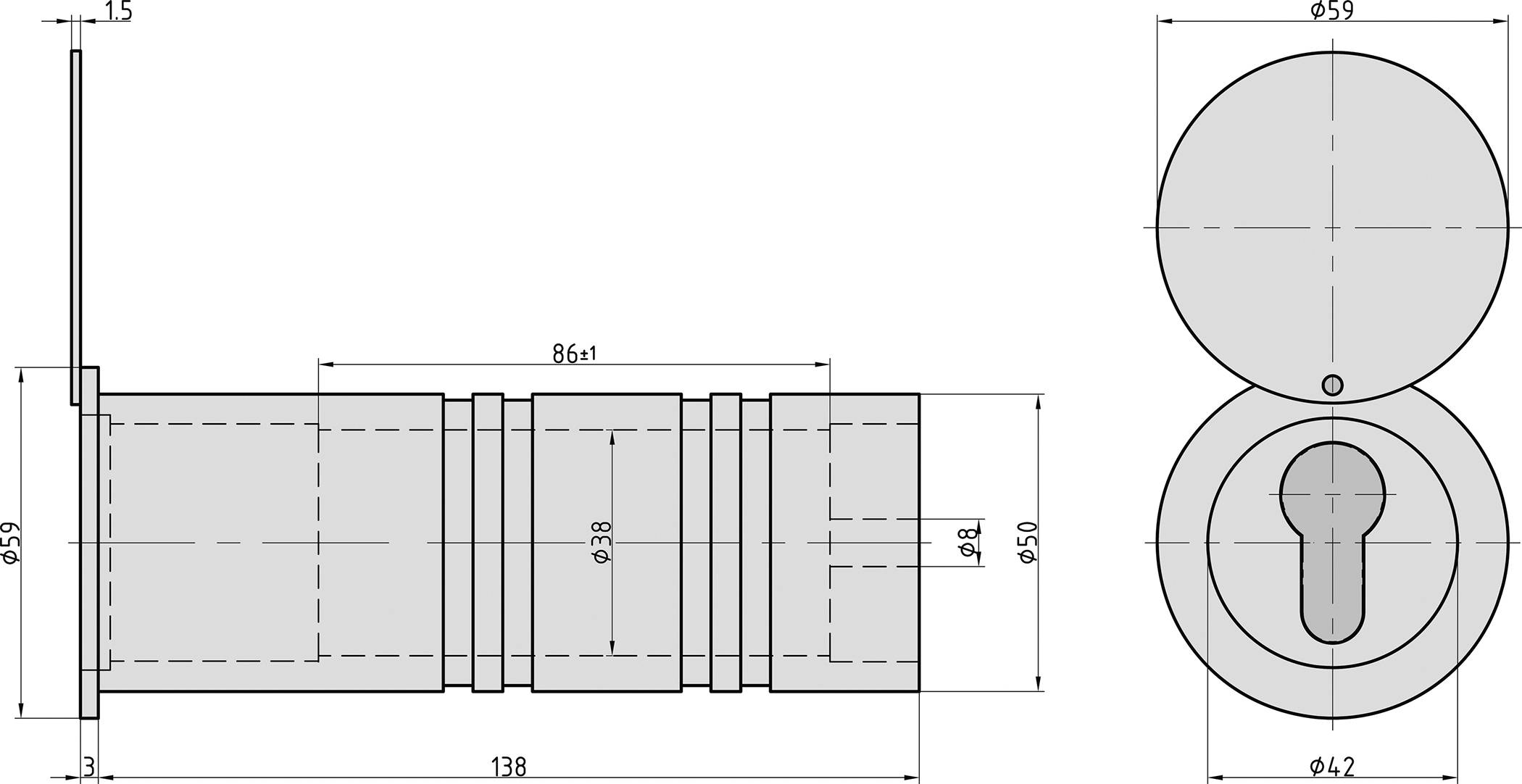 Technische tekening van een cilinderslot met afmetingen in millimeters; weergegeven in zijaanzicht en bovenaanzicht.