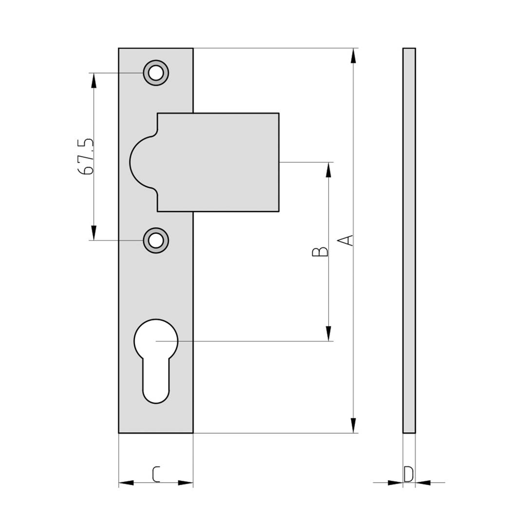 Technische tekening van een profielcilinderslot met afmetingen. Bevat hoogtes en breedtes, toont hoofdcomponenten en hun configuratie.