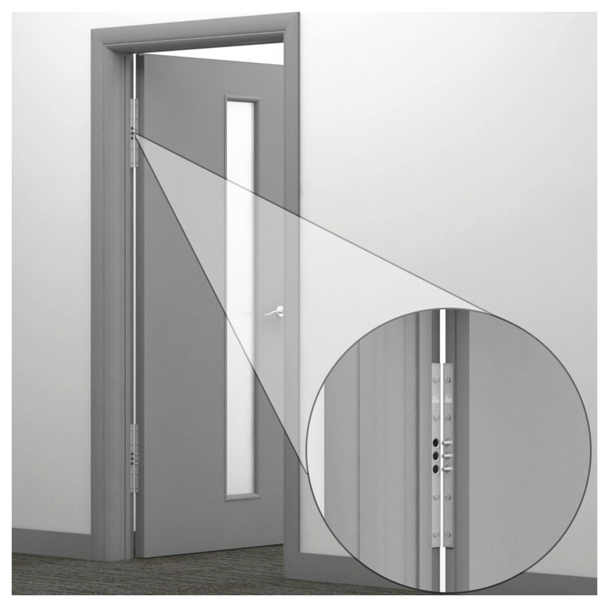 Een grijze deur met een verticaal raam staat op de foto half open, waarbij rechts een close-up van het scharniermechanisme zichtbaar is.