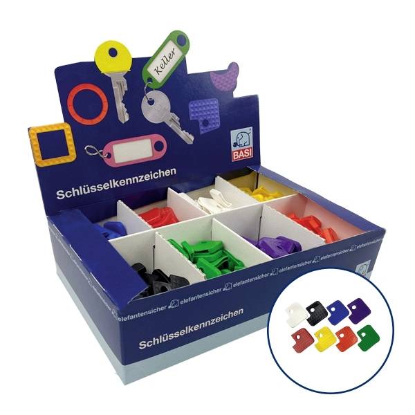 Doos met kleurrijke sleutelhangers in verschillende vormen. Opschrift: 'Sleutelkenmerken'. Zes vakken met negen modellen.
