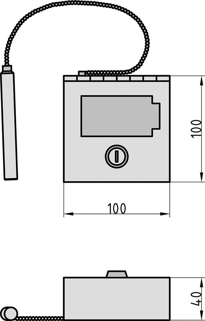 Technische tekening van een rechthoekig apparaat met afmetingen: 100x100 mm, zijde 40 mm. Gedetailleerde weergave van een aansluitstekker bovenaan.