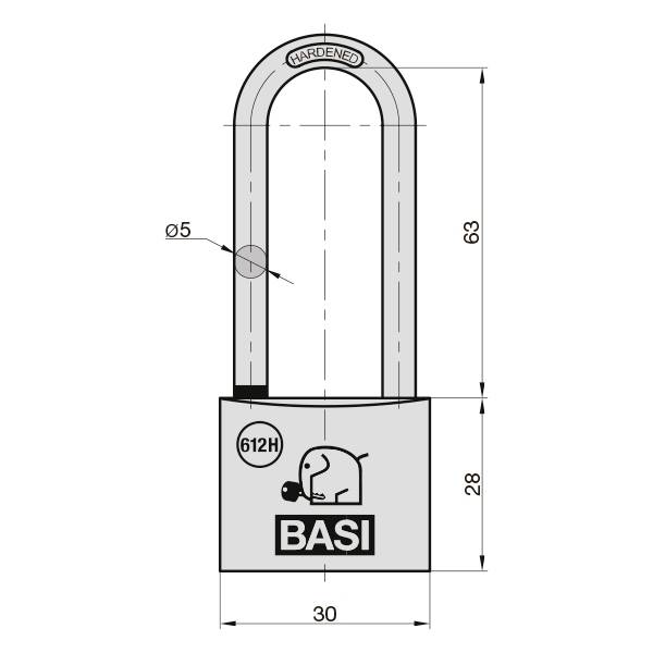 Technische tekening van een hangslot met afmetingen van 63 mm hoogte, 30 mm breedte en 28 mm behuizing. Merkteken 'BASI'.