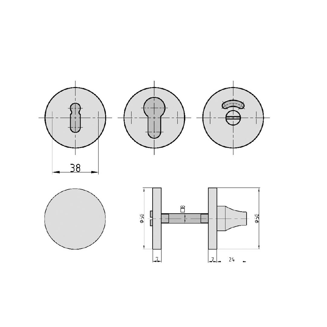 Technische tekening toont cilinderknoppen-sets met afmetingen: diameter 38 mm, lengte 24 mm, met dwarsdoorsnede en bovenaanzicht.