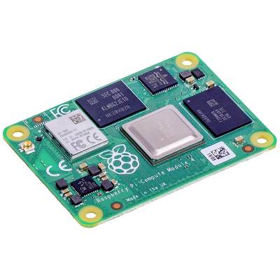 Een Raspberry Pi Compute Module met een groene printplaat en zichtbare chips. Bevat meerdere aansluitingen en elektrische componenten.