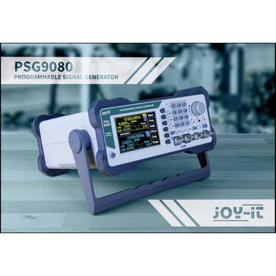 Programmeerbare signalgenerator op tafel, scherm toont frequenties en instellingen. Tekst: 'PSG9080 Programmable Signal Generator'. Merklogo in hoek.