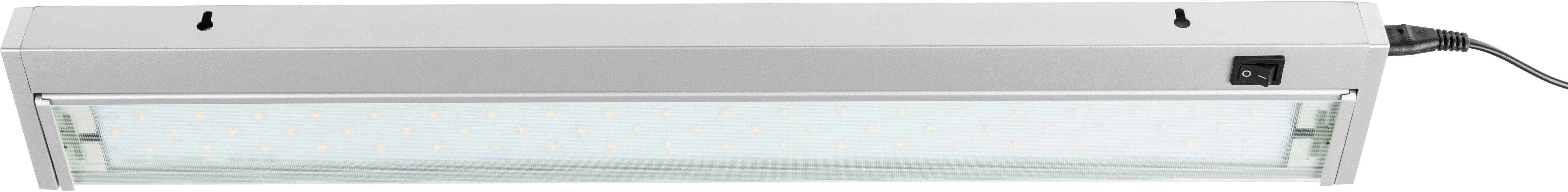 Led-lamp met rechthoekige behuizing en een rij led's, met stroomkabel aan de rechterkant.