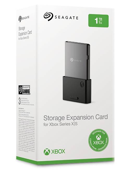 Een Seagate Storage-uitbreidingskaart voor Xbox Series X/S met 1 TB opslag, afgebeeld op de verpakking.