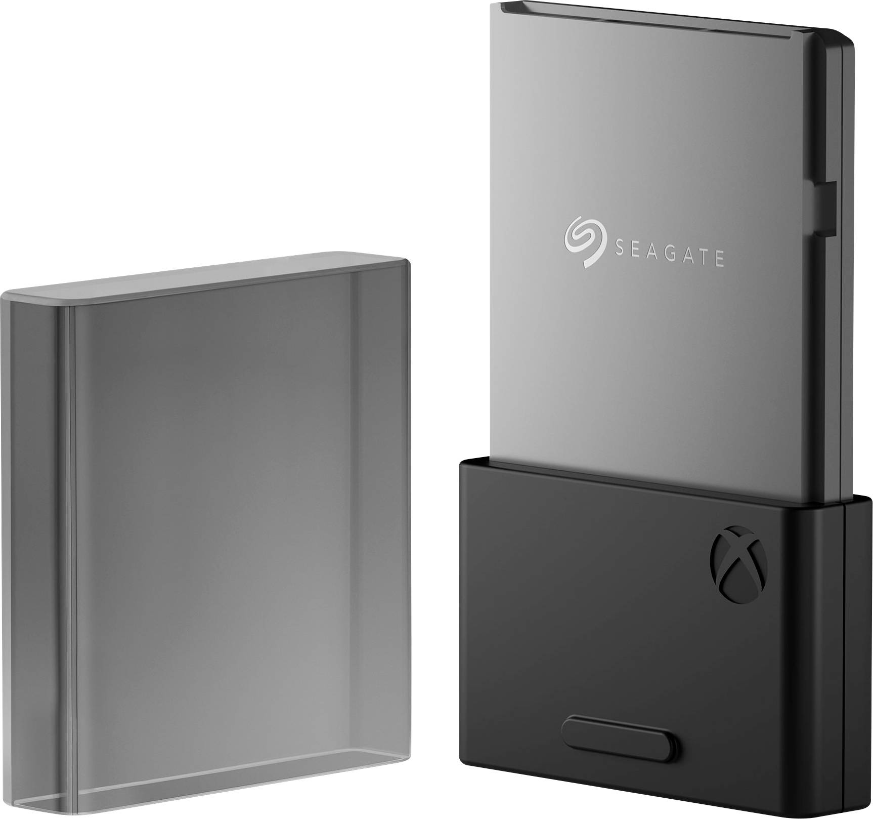 Externe opslagkaart van Seagate voor Xbox, met afneembare beschermhoes, toont het Seagate-logo en een Xbox-symbool.