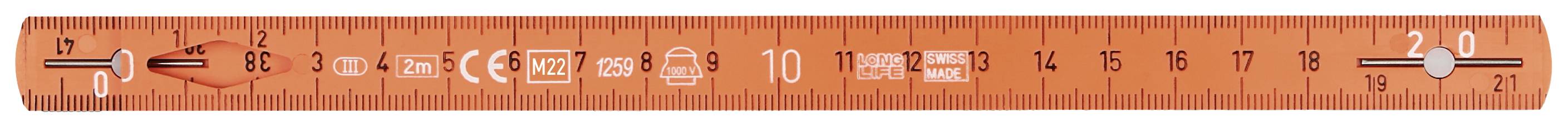 Een oranje liniaal met centimeter- en millimetermarkeringen, beginnend bij 0 en eindigend bij 20 cm, met verschillende symbolen langs de schaal.