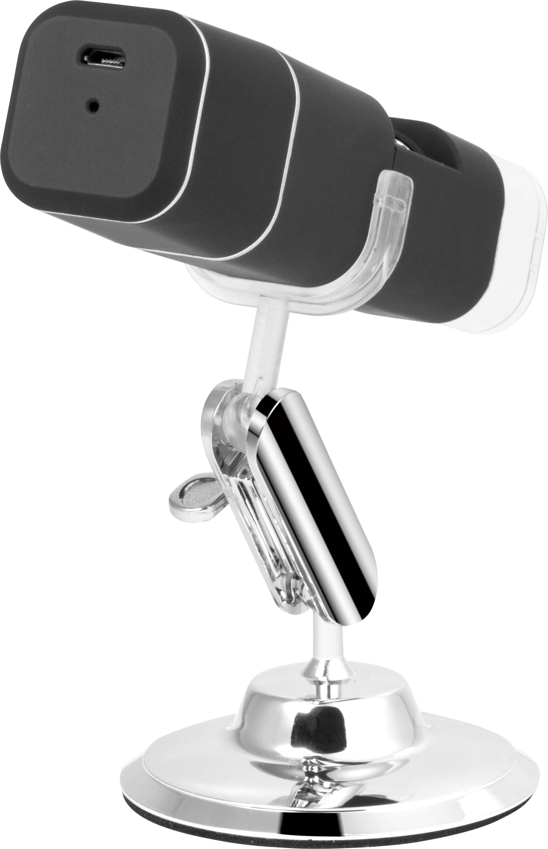 Zwarte webcam op een zilveren standaard met USB-aansluiting, weergegeven in zijaanzicht.