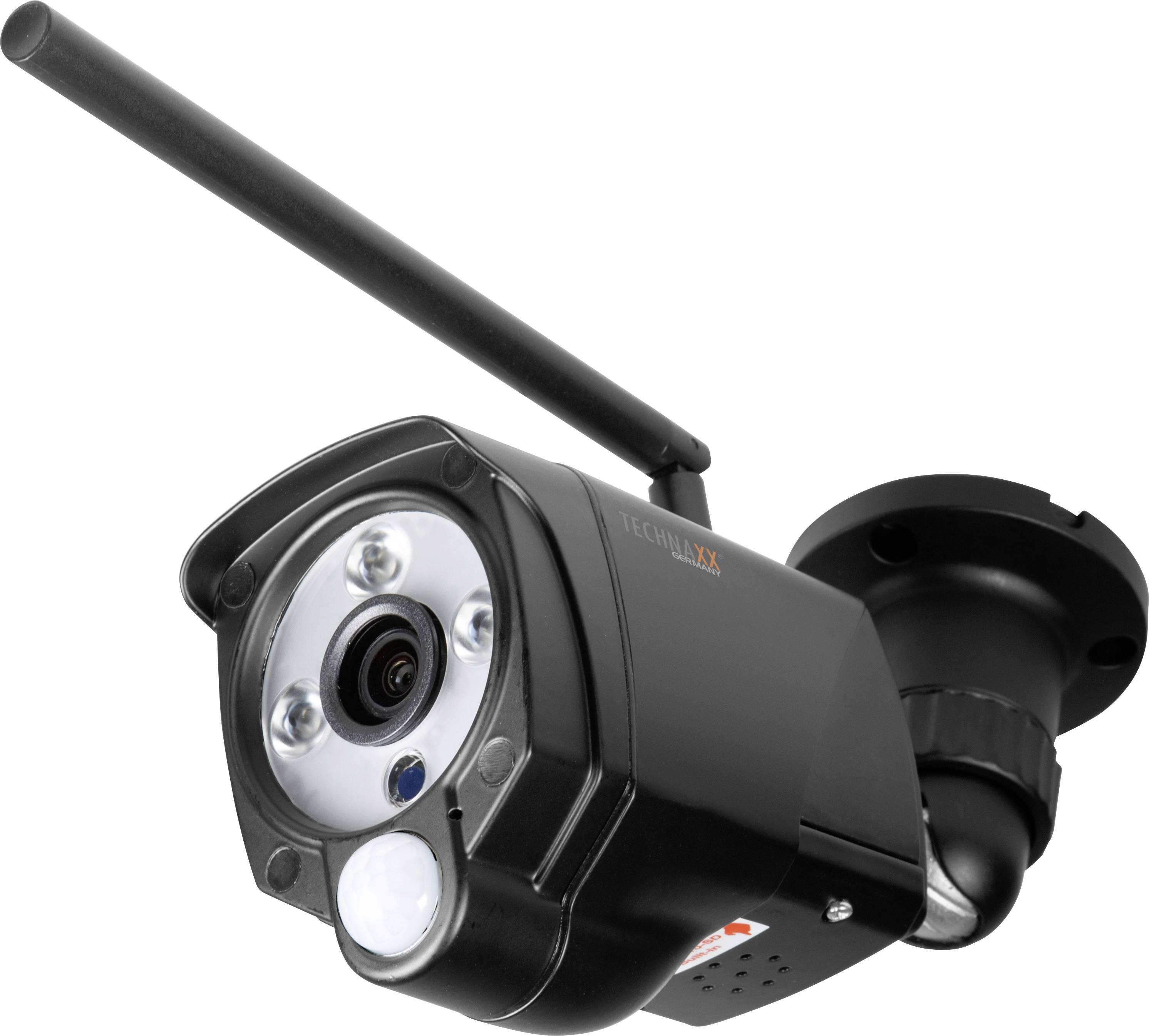 Zwarte bewakingscamera met antenne, geschikt voor buitengebruik, toont lens en verlichting.