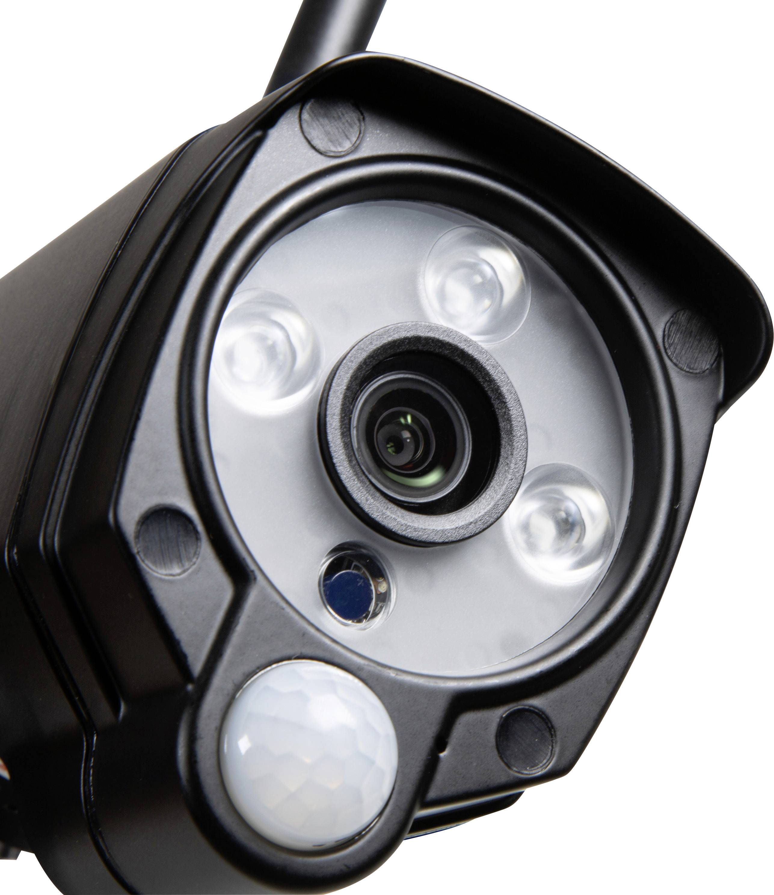 Close-up van een bewakingscamera met drie LED-lampjes en een bewegingssensor. De camera is zwart en rechthoekig van vorm.