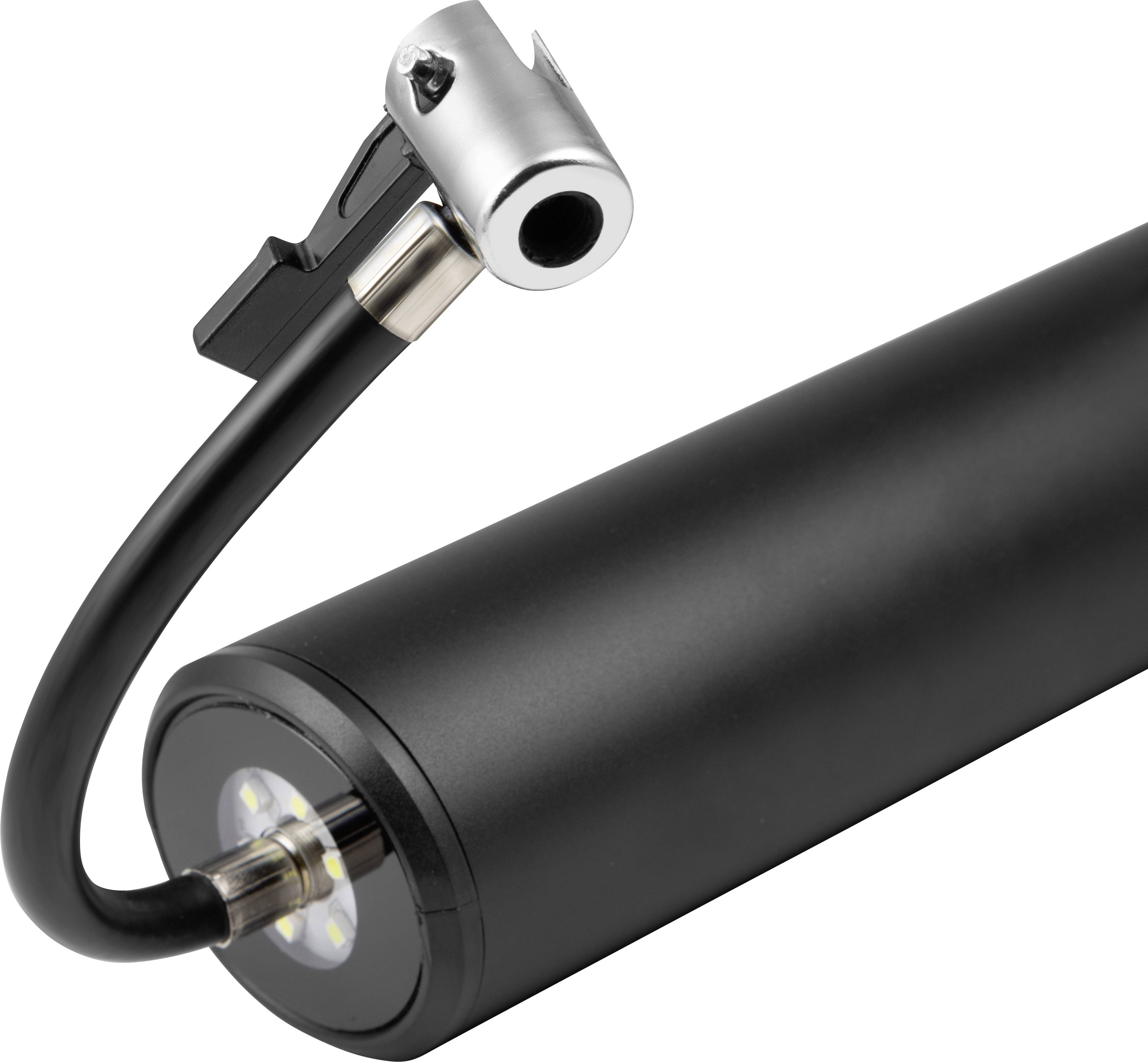 Zwart cilindrisch apparaat met kabel en metalen haak, vermoedelijk zaklamp of soortgelijk gereedschap; nadruk op het functionele aspect.