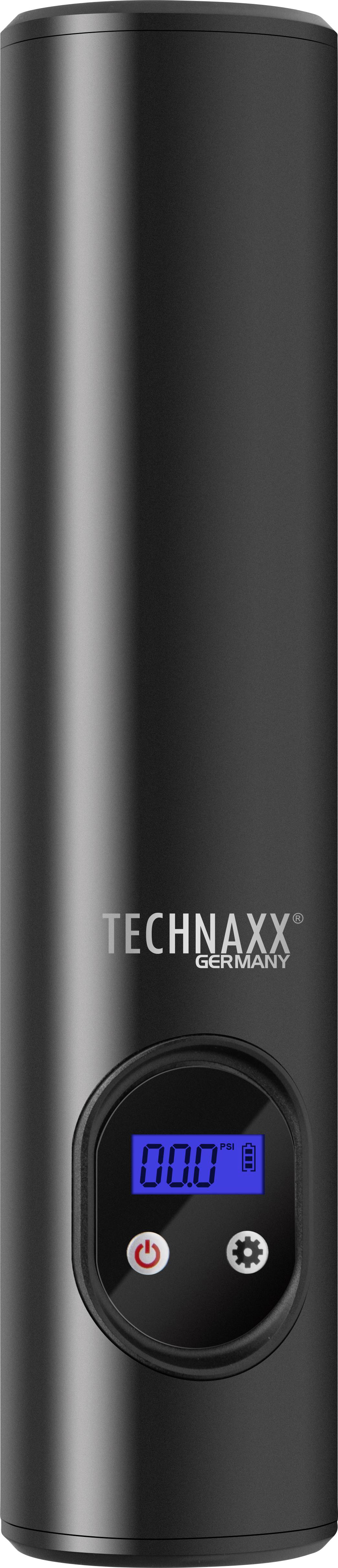 Zwarte, cilindrische powerbank-luchtcompressor met digitaal display en bedieningsknoppen, gemerkt met 'Technaxx Germany'.