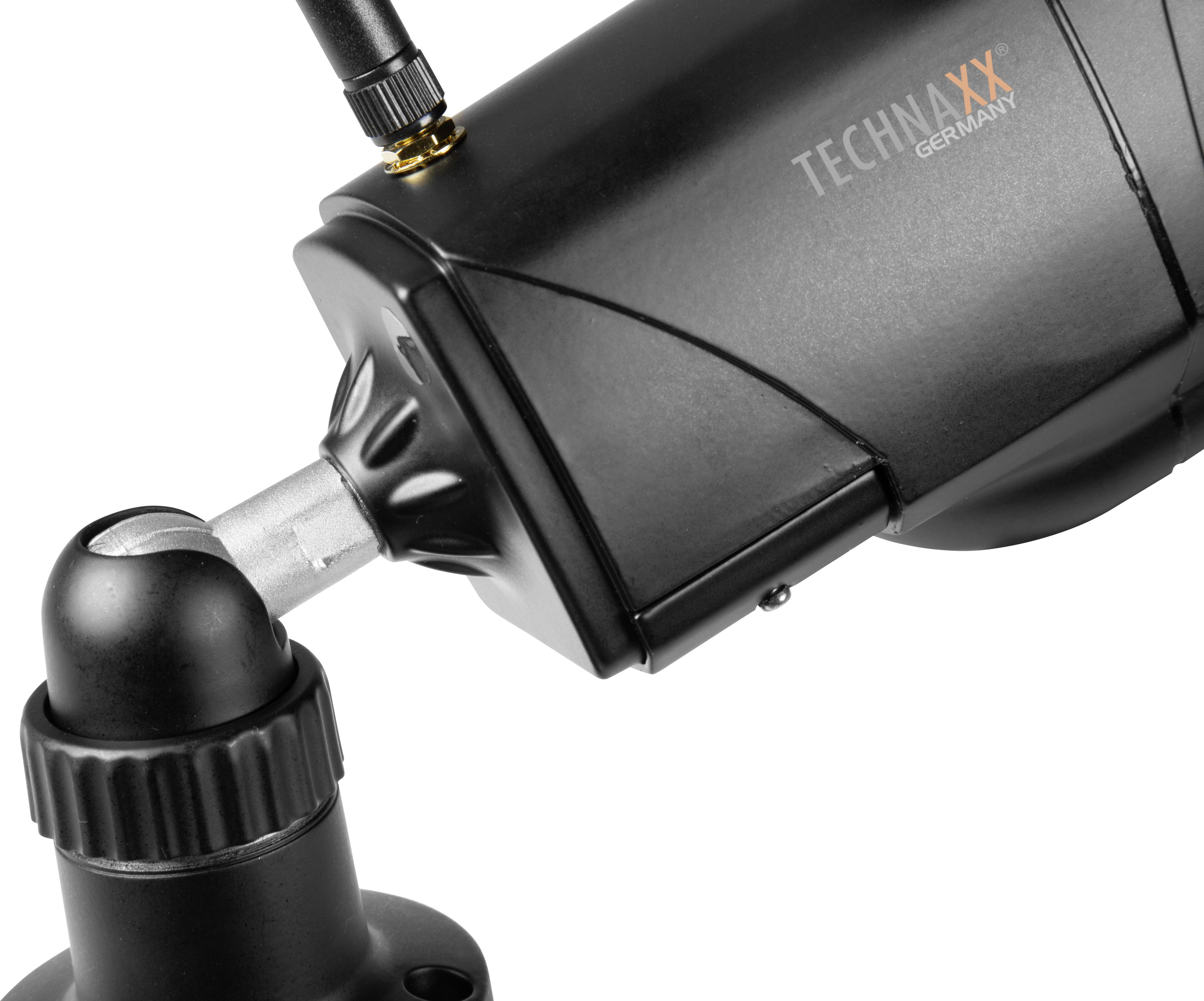 Zwarte bewakingscamera met "TECHNAXX GERMANY"-opschrift, gemonteerd op een draaibare beugel met verstelbaar statief.