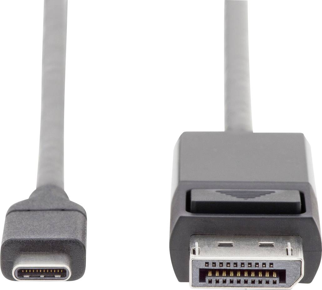 USB-C naar DisplayPort-kabel, toont beide stekkertypen; links USB-C, rechts DisplayPort. Dient voor het verbinden van apparaten voor beeldoverdracht.