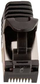 'RJ45-stekker close-up, zwart. De contacten en vergrendelingslip zijn zichtbaar.'