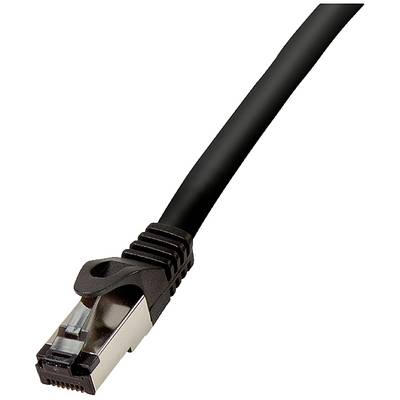 Een zwarte Ethernet-kabel met RJ45-connector wordt van dichtbij getoond.