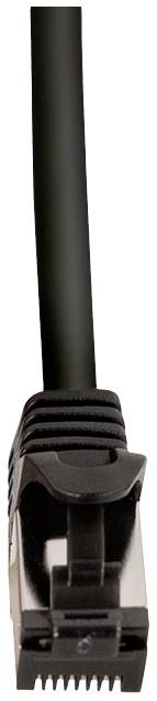 Een zwarte Ethernet-kabel met connector voor het verbinden van netwerkapparatuur.