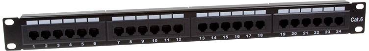 Zwart patchpanel met 24 genummerde Ethernet-poorten voor netwerbekabeling.