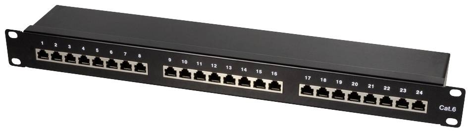 Een patchpanel met 24 Ethernet-poorten, genummerd van 1 tot 24, geschikt voor Cat.6-kabels.