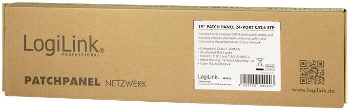 Kartonnen verpakking van een LogiLink patchpanel met 24 CAT6 STP-poorten, geschikt voor netwerkaanleg. Opdruk toont specificaties.