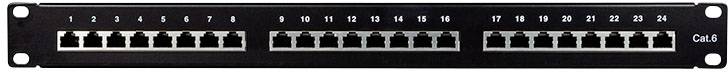 Een 24-poorts patchpanel in een netwerkomgeving, voor het verbinden en organiseren van Ethernet-kabels.