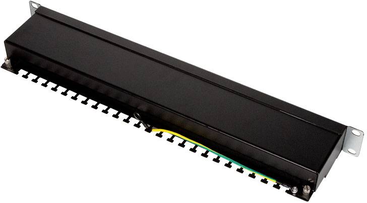 Een zwarte bliksembeveiligings-patchpanel met aardingskabel is afgebeeld, gemonteerd ter beveiliging van elektronische apparaten tegen overspanning.