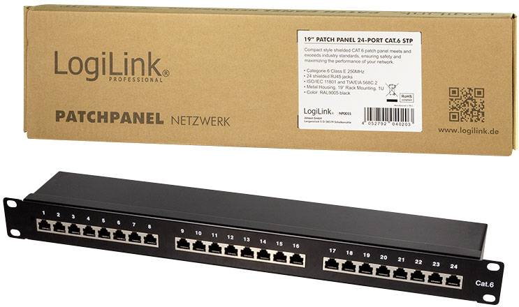 Een 24-poorts patchpanel met Cat.6 ondersteuning, geschikt voor netwerkaansluitingen. Verpakking met LogiLink branding op de achtergrond.