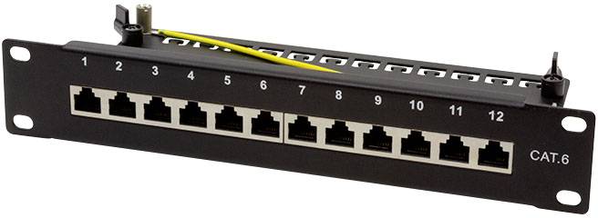 'Patchpanel met 12 RJ-45-poorten, categorie 6, voor kabelbeheer in netwerken.'