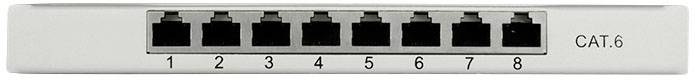 'Achtpoorts netwerk-switch voor CAT6-kabels, genummerd van 1 tot 8.'