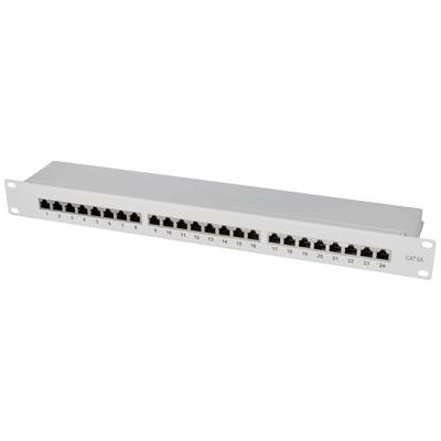 Een 24-poorts patchpanel voor het organiseren van netwerkverbindingen, genummerd van 1 tot 24, op een rackmontagessysteem.