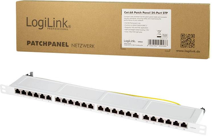 'Cat.6A Patch Panel 24-Poorts STP' van LogiLink. Toont een netwerk-patchpanel met 24 aansluitingen in kartonnen verpakking.