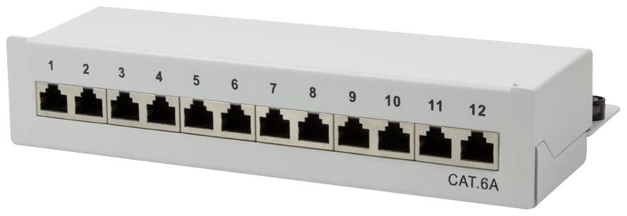 Een patchpanel met 12 Ethernet-poorten, genummerd van 1 tot 12, geschikt voor CAT 6A-kabels.