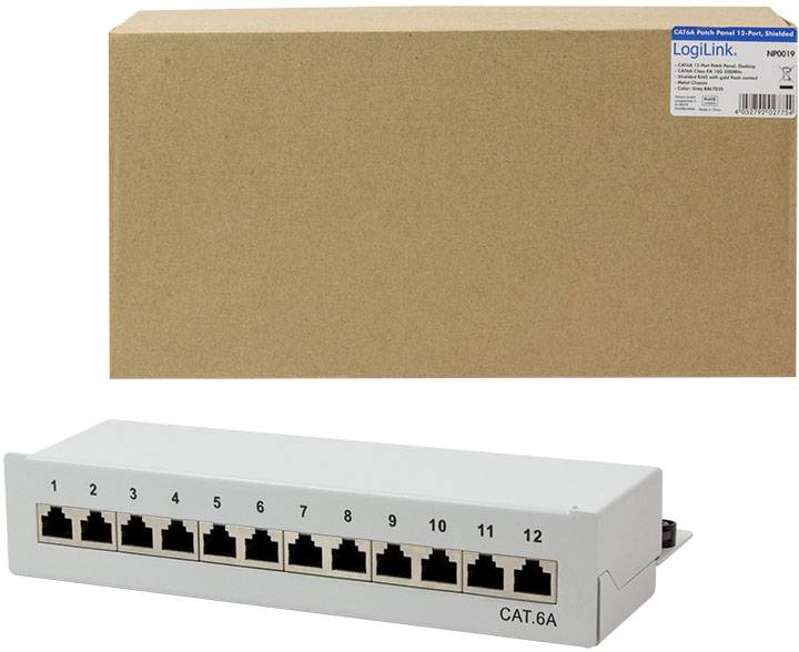 Een patchpanel met 12 Ethernet-poorten (CAT.6A) voor een bruine verpakking. Rechtsboven is een klein etiket met productdetails.