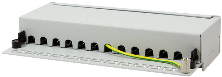 Een grijs elektrisch verdeelkast met acht aansluitingen en een geel-groen aardingskabel, zijdelings bevestigd op een montageplaat.