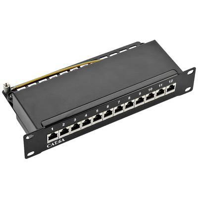 Een zwart patchpanel met 12 genummerde RJ45-poorten, geëtiketteerd met 'CAT.6A', gebruikt voor netwerbekabeling.